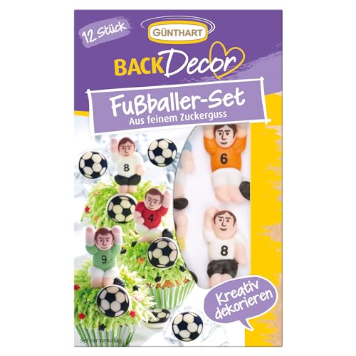 Günthart BackDecor 12 Zucker Fußballer und Fußbälle geeignet für Fußballanlässe und Geburtstage zum Thema Fußball als essbare Tortendekoration, 1er Pack (21 gr)