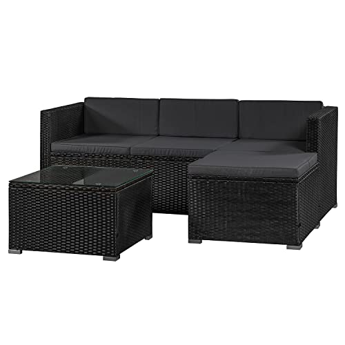 Juskys Polyrattan Lounge Punta Cana M für 3-4 Personen mit 3er Sofa, Sessel, Tisch & Kissen, Sitzgruppe für Garten, Terrasse und Balkon, Gartenmöbel Set wetterfest - schwarz/grau