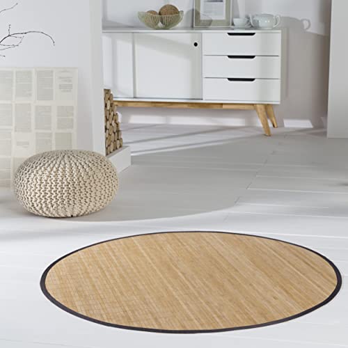 Hochwertiger Teppich aus Bambus HIGHQ rund 120 cm mit filigraner Bordüre I Holzteppich Bambusvorleger I Küchenteppich Wohnzimmerteppich I nachhaltiger Bambusteppich massiv von DE-Commerce