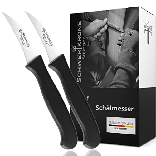 Schwertkrone 2er Messer-Set gebogen/Gemüsemesser scharf Küchenmesser Schälmesser Allzweckmesser/Germany rostfrei 3" / Handabzug - Dünnschliff - superscharf - spülmaschinengeeignet (2, 2,5" - gebogen)