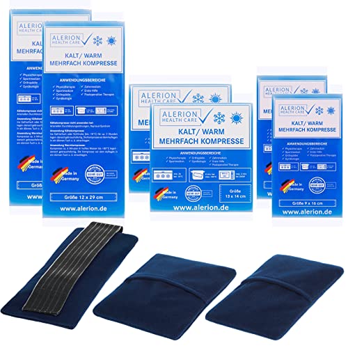 ALERION® Kalt-Warm-Kompresse 3 Größen Mehrfach Kompresse Wiederverwendbar Mikrowellen geeignet 2x Klein 2x Mittel 2x Groß + je größe 1 Premium Vlieshülle Coolpad Kühlpads