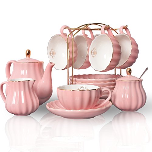 Sweejar Home 22 Stück Europäischen Stil Teeservice, Teetasse und Untertasse Set, Keramik Kaffeeset, Teeset Royal Family aus Porzellan, für 6 Personen, 225 ml-Tassen rose