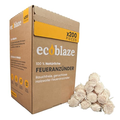 Eco Blaze Natürliche Kaminanzünder - Holzwolle-Feueranzünder für Holz- und Scheitholzbrenner, Grill- und Pizzaofenanzünder - Sichere, saubere und Fichtenholz-Anzünder - 200 Boxen