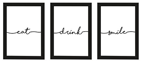 PICSonPAPER Poster 3er-Set eat, Drink, Smile, schwarz gerahmt DIN A4, Dekoration, Kunstdruck, Wandbild, Typographie, Geschenk (Schwarz gerahmt DIN A4)