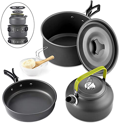 Queta 10-Teilig Cookware Kit Picknick Töpfen Kochgeschirr Campinggeschirr Set für 2-3 Personen Zum Camping Outdoor Wandern Picknick BBQ, Fda Zertifiziert (2-3 Personen)