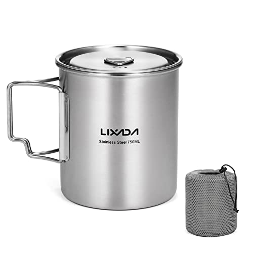 Lixada Camping Topf Edelstahl Titan Tasse Becher 750ml mit Faltbaren Griffe und Deckel Outdoor Tasse Geschirr für Camping Wandern Kochen Picknick