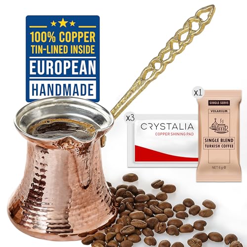 CRYSTALIA Premium Türkische Kaffeekanne Kupfer, Handgemachte Kupfer Cezve Kupferkanne für Türkischen Kaffee Arabisch Griechische Kaffeekanne, Gehämmerte Handgefertigte Kupferkaffeekanne 200ml