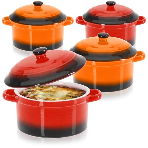 com-four® 4x Auflaufform mit Deckel aus Keramik - Dessertschale für z.B. Ragout fin in orange und rot, 250/175 ml je Form (4 Stück - orange. rot)