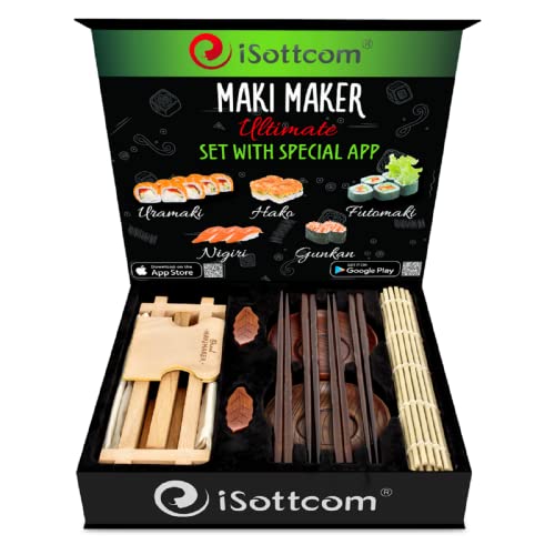 iSottcom Sushi Maker Set - Einfach japanische Sushi Rollen mit Maki Maker selber machen: Leckere Rezepte und Taschenrechner APP inklusive - aus Buchenholz und Bambus gefertigt, das perfekte Geschenk!