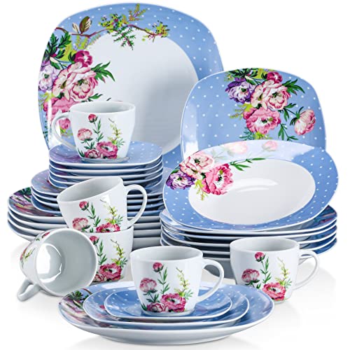 VEWEET 30-teilig Porzellan Tafelservice, Serie 'Hannah', Kombiservice für 6 Personen, Blau mit Floral Dekor