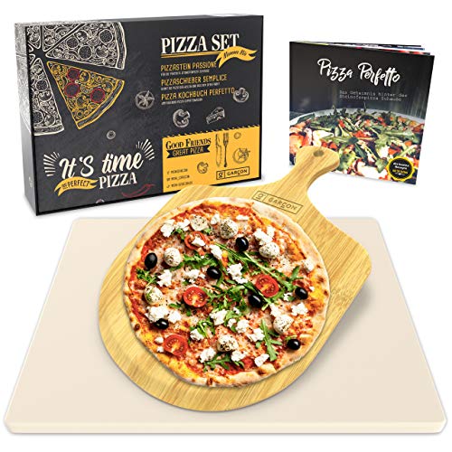 Garcon Pizzastein für Backofen und Gasgrill - Vergleichssieger 2019-3er Set inkl. Pizza Stone, Pizzaschieber & Kochbuch zum Pizza Backen