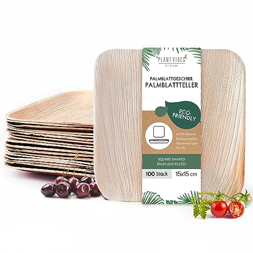 Plantvibes Holzschalen aus Palmblatt 100 Stk x 15CM, umweltfreundliches Palmblattgeschirr zu 100% kompostierbar & CO2 neutral, aus FSC zertifiziertem Holz, Bio Einweggeschirr Obstschalen