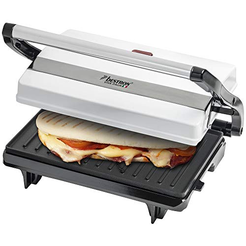 Bestron Kontaktgrill mit Auffangschale, Sandwichmaker mit Cool-Touch-Handgriff, Paninimaker mit Antihaftbeschichtung, 700 Watt, APM123W, Farbe: Weiß