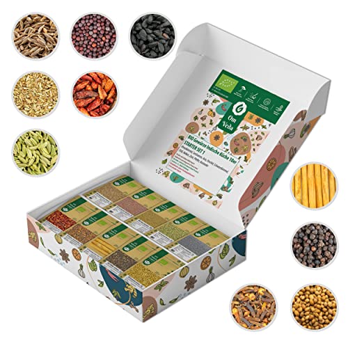 BIO Gewürze Indische Küche 10er STARTER SET 1 - Kreuzkümmel, Senfsamen, Anis, Fenchel, Schwarzkümmel, Chili, Nelken, Zimt, Pfeffer, Koriander | Gewürzset Geschenkset