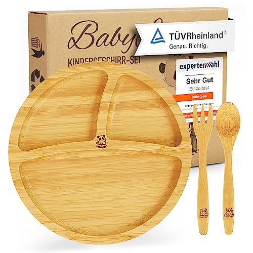 Babylovit Kinderteller mit Saugnapf | Bambus Baby Teller mit Saugnapf | Geprüfter Kinder Teller mit Babybesteck | Beikost Baby Zubehör | ideal für Baby led Weaning | Bambusteller