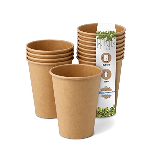 BIOZOYG 250x Pappbecher 300 ml / 12 oz, Ø 90 mm braun - Einwegbecher plastikfrei und aus nachhaltigen Materialien - Kaffeebecher Einweg