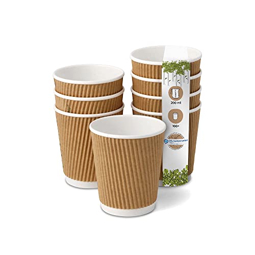 BIOZOYG 100 Stück Kaffeebecher isolierte Pappbecher 200ml / 8 oz Ø 80 mm weiß/braun - geriffelt plastikfrei nachhaltige Materialien - Einwegbecher Glühweinbecher