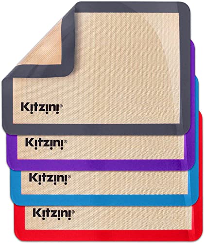 Kitzini Backunterlagen. 4 Silikon Backmatte zum Backen und Ausrollen von Teig. Dauerbackfolie für Backofen BPA-frei. Silikonmatte für Backen/Pizza/Plätzchen. Leicht zu reinigende Backmatte aus Silikon