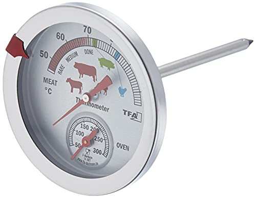 TFA Dostmann 141027 Analoges Braten-/ Ofenthermometer 14.1027, aus Edelstahl, hitzebeständig, mit verschiedenen Garstufen, zur Kerntemperaturmessung, Silber, Ø 74 x H 115 mm