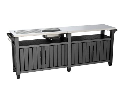 Keter BBQ Beistelltisch Unity Chef, Schwarz, mit großer Edelstahl-Arbeitsfläche und Spüle, 237x513x89,4cm, perfekt für das Grillen im Frühling