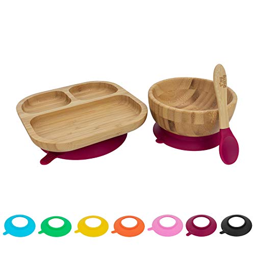 Tiny Dining Kinder Bamboo Geschirr Set - Teller, Schüssel, Löffel mit Aufenthalt Put Saug - Rot