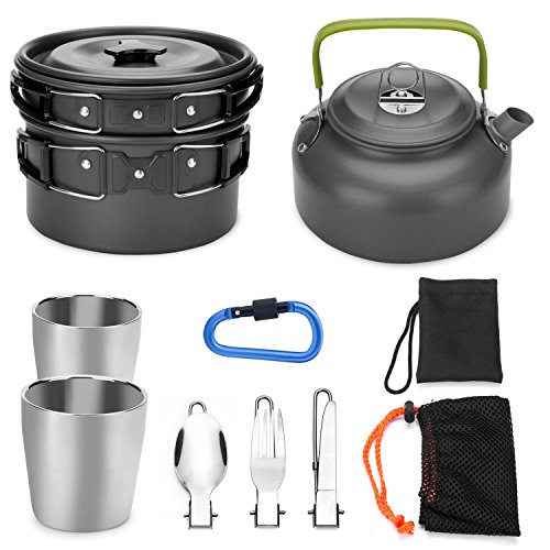 Odoland Kochgeschirr Set für 1-2 Personen, Kochset mit Tragbar Aluminium Topf Teekessel Tassen Faltbare Besteck, für Camping Outdoor Picknick Wandern