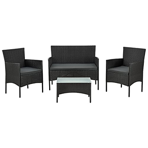 Juskys Polyrattan Sitzgruppe Fort Myers 4 Personen mit 2er Sofa, 2 Stühle, Tisch & Sitzkissen wetterfest schwarz/grau Balkonmöbel Gartenmöbel Set