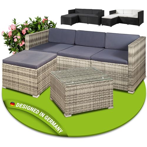 Juskys Polyrattan Lounge Punta Cana M für 3-4 Personen mit 3er Sofa, Sessel, Tisch & Kissen, Sitzgruppe für Garten, Terrasse und Balkon, Gartenmöbel Set wetterfest - grau-meliert