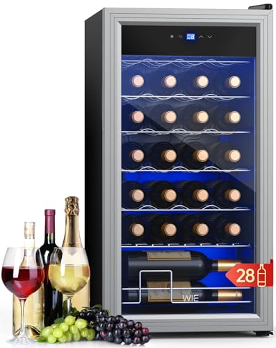 WIE Weinkühlschrank Compressor 82 Liter 28 Flaschen Getränkekühlschrank Kleiner Weinschrank Klein mit Glastür,Vollglas-Designtür mit LED Touchpanel,Anti-UV, Wine Fridge 5-18°C