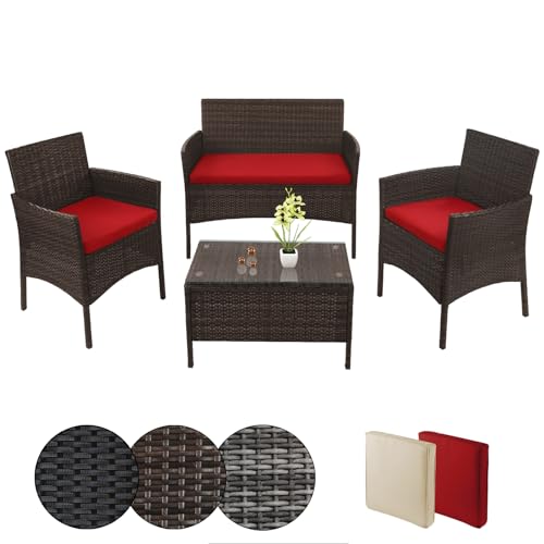 BB Sport Poly Rattan Sitzgruppe 4 Personen Tisch 2 Stühle Sitzbank 5cm Dicke Sitzpolster Balkonmöbel Set Sitzgarnitur Balkon Terrasse Garten Outdoor, Farbe:Schwarz-Braun meliert/Abendsonne