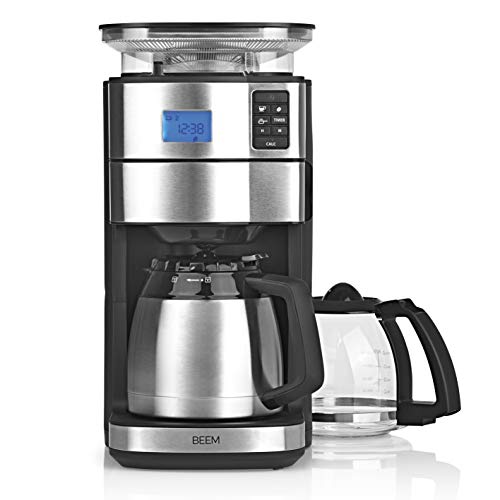 BEEM FRESH-AROMA-PERFECT II Filterkaffeemaschine mit Mahlwerk - Duo | BASIC SELECTION | Edelstahl | Glaskanne & Isolierkanne | 24h-Timer | 1000 W