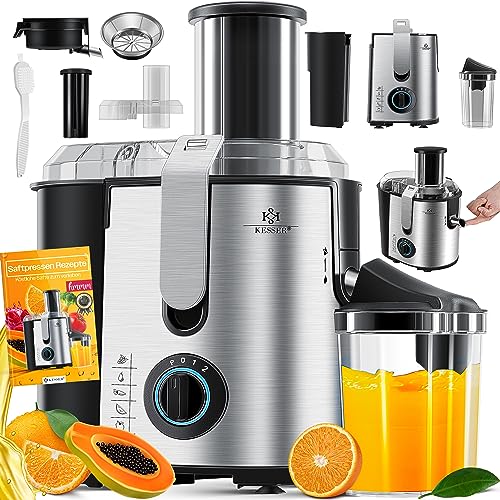 KESSER® Entsafter für Obst und Gemüse aus Edelstahl 1100W große 85 mm Einfüllöffnung inkl. Reinigungsbürste und Saftbehälter 3 Geschwindigkeitsstufen, Saftpresse Juicer (1. Silber/Silber)