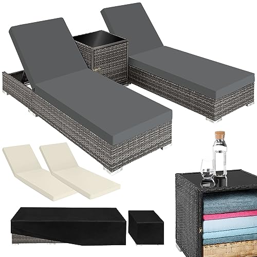 tectake 2er Lounge Sonnenliegen Set Plus Tisch – inkl. 2 Bezugsets und Schutzhülle, Outdoor Poly Rattan Gartenmöbel Set, 2X Gartenliege wetterfest - grau