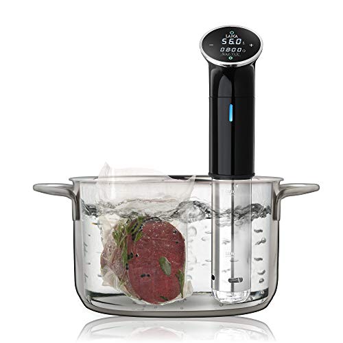 Laica Sous Vide Stick SVC107, konstante Temperatur bis 95°C, komplett wasserfest (IPX7-Standard), Timerfunktion bis 99 Std., erwärmt bis zu 15 Liter. Sensor-Touch Tasten Edelstahl/Schwarz