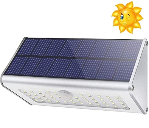 CAIYUE Solarlampen für Außen 1100 Lm 46 LED 4500mAh, Solarwandleuchte, Aluminiumlegierungsschale, Bewegungssensor, drahtloses wasserdichtes Nachtlicht, 4 Smart-Modi (warmweißes Licht)