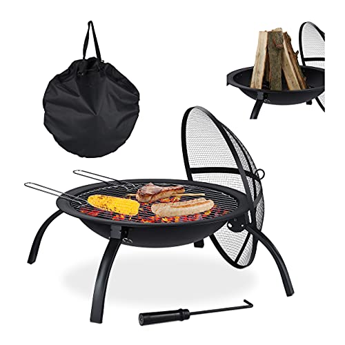 Relaxdays XL Feuerschale, mit Tasche, Grill Rost, Schürhaken, Funkenschutz Deckel, Garten, Terrasse, D 56,5 cm, schwarz