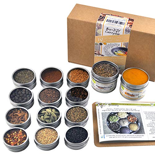 direct&friendly Bio Curry Set Geschenk DIY Gewürzset Geschenkset mit 14 verschiedenen Bio Gewürzen und Rezeptheft