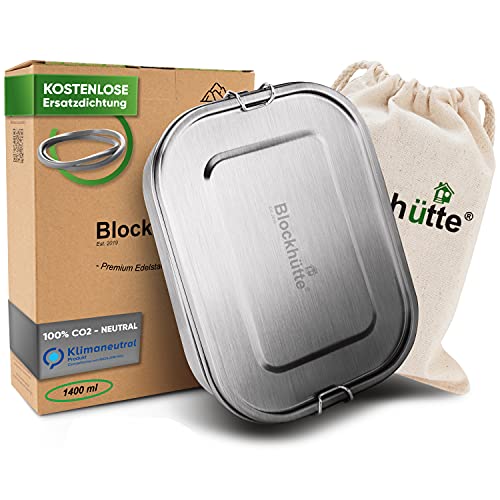 Blockhütte Premium Edelstahl Brotdose I 1400ml I Inkl Austauschdichtung und 2x Trennwand I Die verbesserte Lunchbox ist auslaufsicher und kinderleicht zu Reinigen I Für Kinder und Erwachsene