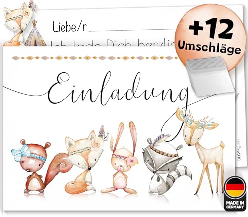 Olgs 12 Einladungskarten Cute Boho Tierfreunde zum Ausfüllen inkl. Umschläge, für Kindergeburtstag Cozy Mottoparty