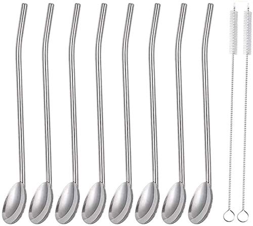 8er Set Edelstahl Trinkhalme löffel, Wiederverwendbare metall strohhalme, spülmaschinengeeignete Trink-Löffel, 2 in 1 Strohhalm & Löffel ideal als Latte Macchiato und Cocktail-Löffel, Farbe: Silber