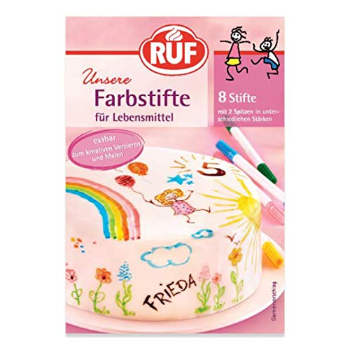 RUF Lebensmittel-Farbstifte, 8 lebensmittelechte Speisefarben als Stifte-Set zum Malen & Schreiben auf Fondant & Co., Zucker-Stifte mit je 2 Spitzen