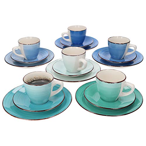 MamboCat 18-teiliges Kaffee-Service Blue Curacao I Kaffee-Geschirr-Set f. 6 Personen - handbemalt I Steingut-Geschirr mit je 6x Tassen - Unterteller - Kuchenteller I Kaffee-Set bunt 18 Teile