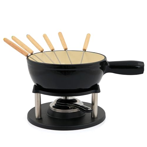 BBQ-Toro Gusseisen Fondue Set für 6 Personen | 2 Liter | Fondueset 9 teilig mit Brenner und Gabeln | Fondue-Set, Käsefondue Set, Fleischfondue Set, Schokofondue Set (schwarz/creme emailliert)