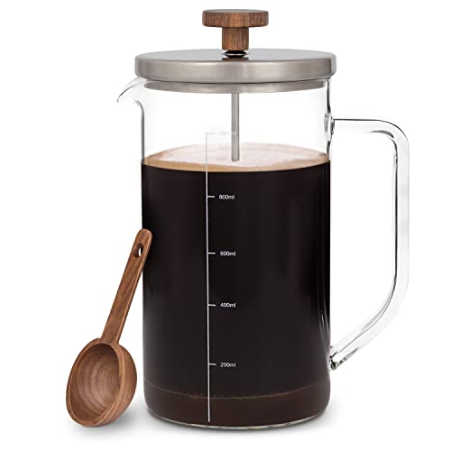 GLASWERK French Press (1L) - Kaffeebereiter mit Portionierlöffel aus Walnussholz und Edelstahldeckel - plastikfreie Kaffee French Press - French Press Kaffee