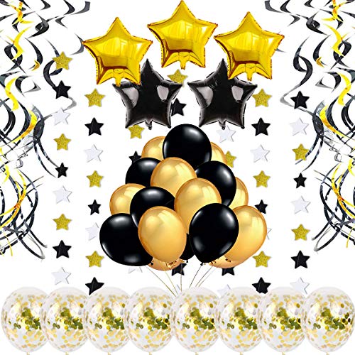 Party Deko Gold Schwarz -46 Stück- Geburtstagsdeko Geburtstag Dekoration Feirer, Deckenhänger, Folienballons, Luftballons, Girlanden mit Sternen