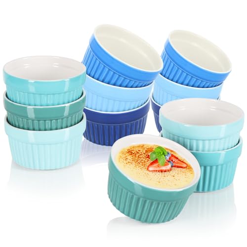 COM-FOUR® 12x Soufflé Förmchen - Creme Brulee Schälchen aus Keramik - Ofenfeste Förmchen - Dessertschale und Pastetenförmchen für z.B. Ragout Fin - je 200 ml - in verschiedenen Grün- und Blautönen