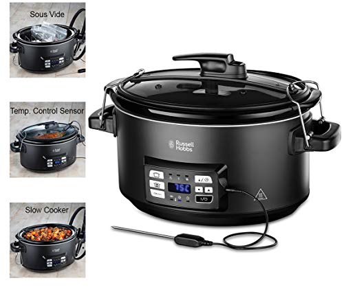 Russell Hobbs Multikocher 3-in-1 [Slow Cooker, Sous Vide, Bräter + Kerntemperatursensor] schwerer 6,5l Keramik-Gartopf für opt. Temperaturverteilung (digitales Display/Timer,Temperaturanzeige)25630-56