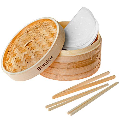 Bambusdämpfer (Bamboo Steamer) - 25cm mit 2 Etagen Bambus Dampfkörbe mit Deckel - 2 Paar Essstäbchen, Zange, 50 Papier-Einsätze - Bambus Dampfgarer für Knödeln, Gemüse, Reis, Fleisch