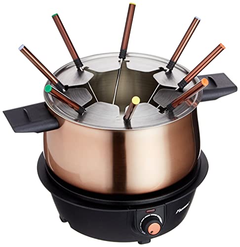 Bestron elektrische Fondue Set für bis zu 8 Personen, mit 8x Fonduegabeln & stufenlosen Thermostat, inkl. Spritzschutz, Farbe: Kupfer