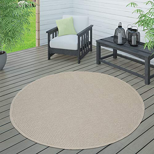 Paco Home In- & Outdoor Teppich, Terrasse u. Balkon, Wetterfest Einfarbig Mit Struktur, Grösse:160 cm Rund, Farbe:Beige